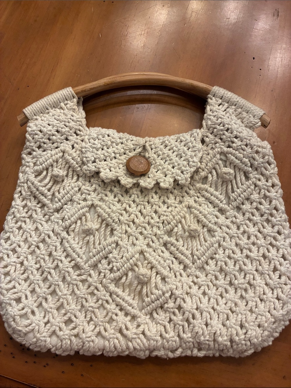 Cream Macrame Clutch with Wooden Handle